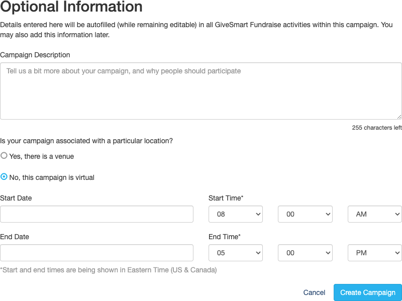 Campaign Setup Optional Information