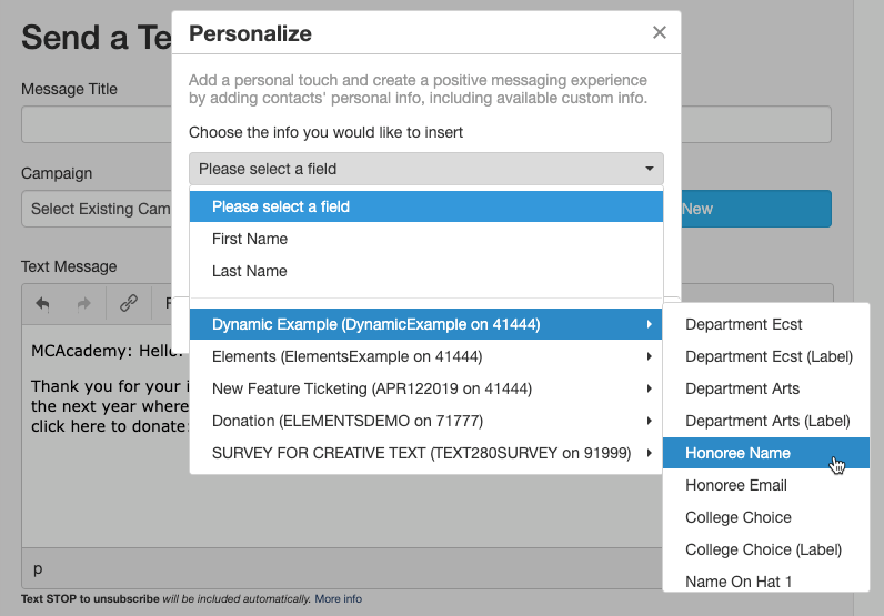 Insert Contact Info Dropdown