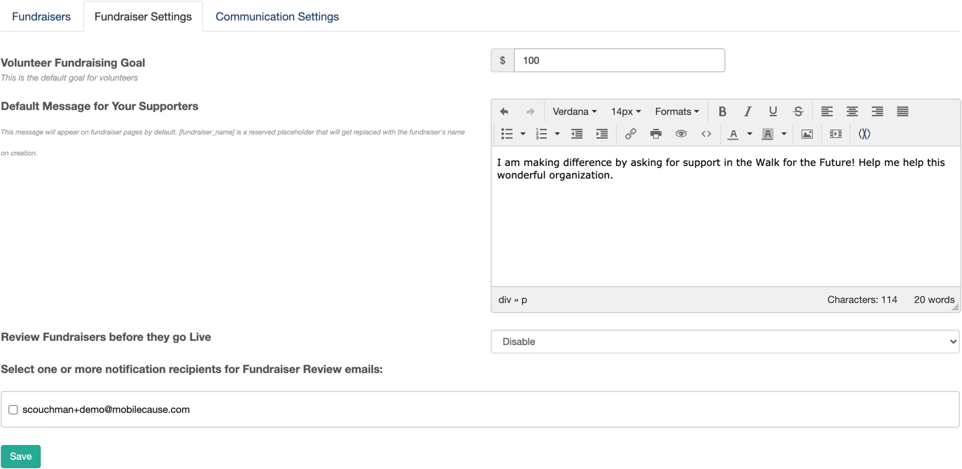Fundraiser Settings Tab