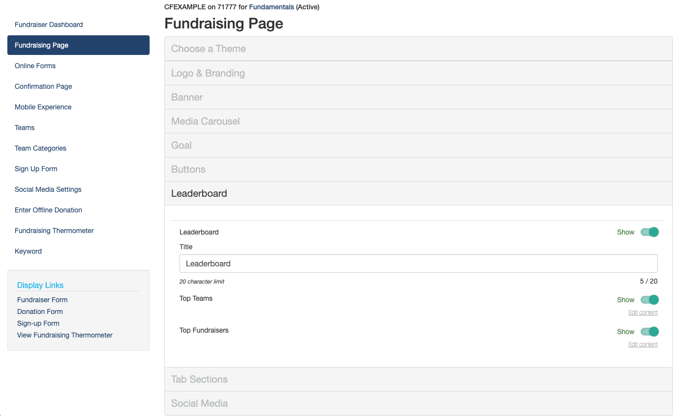 Fundraising Page Leaderboard Section