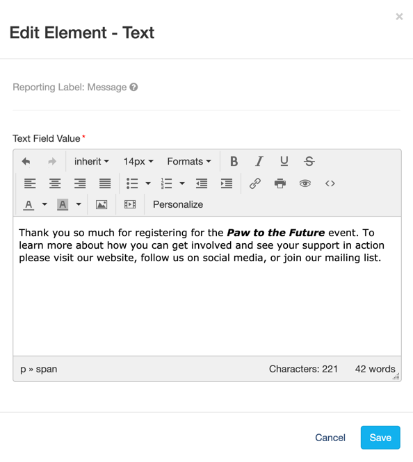 Confirmation Page Text - Registration