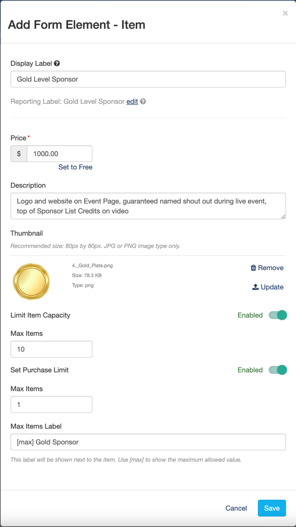 Add Form Element - Gold Sponsor Level