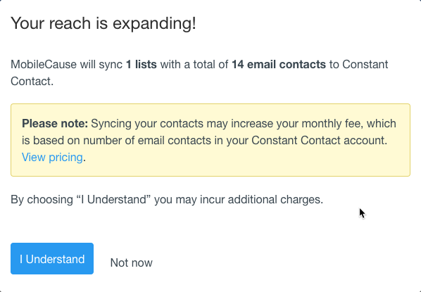 Constant Contact Sync Warning