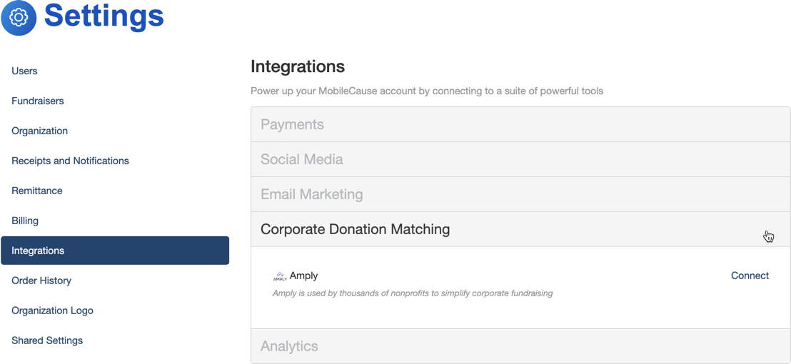 Integrations - Corporate Donation Matching Section