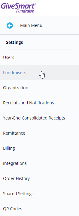 Settings Menu - Fundraiser section