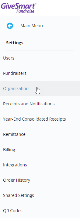 Settings Menu - Organization section