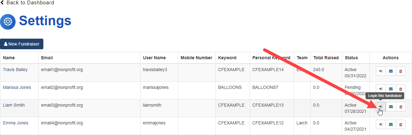 Fundraisers settings - Log in as user icon (with pointer)