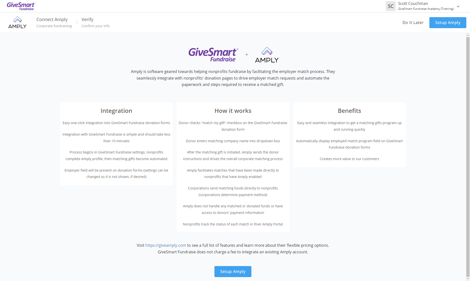 GiveSmart Fundraise - Amply Set Up Page
