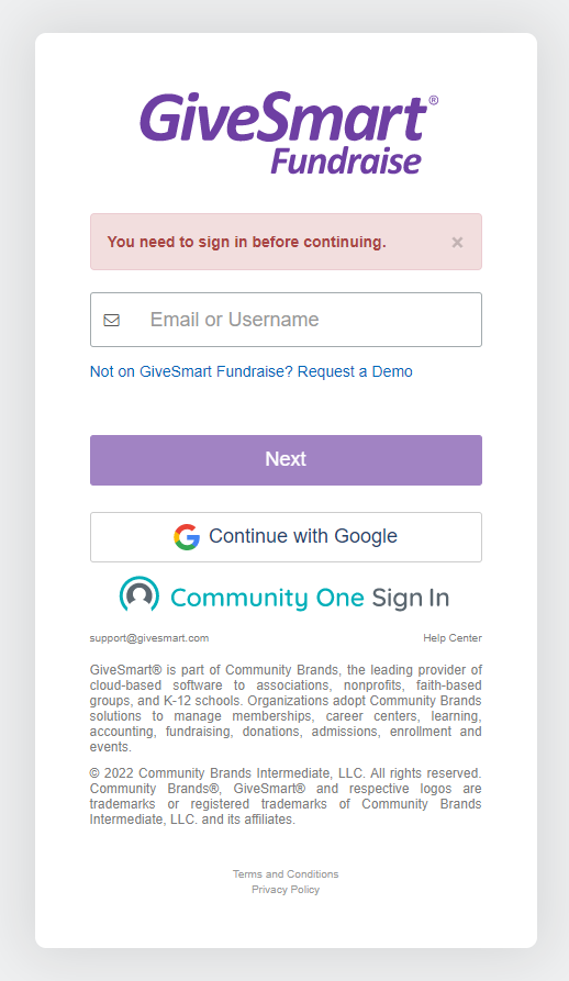 GiveSmart Fundraise Login Screen - Enter Email