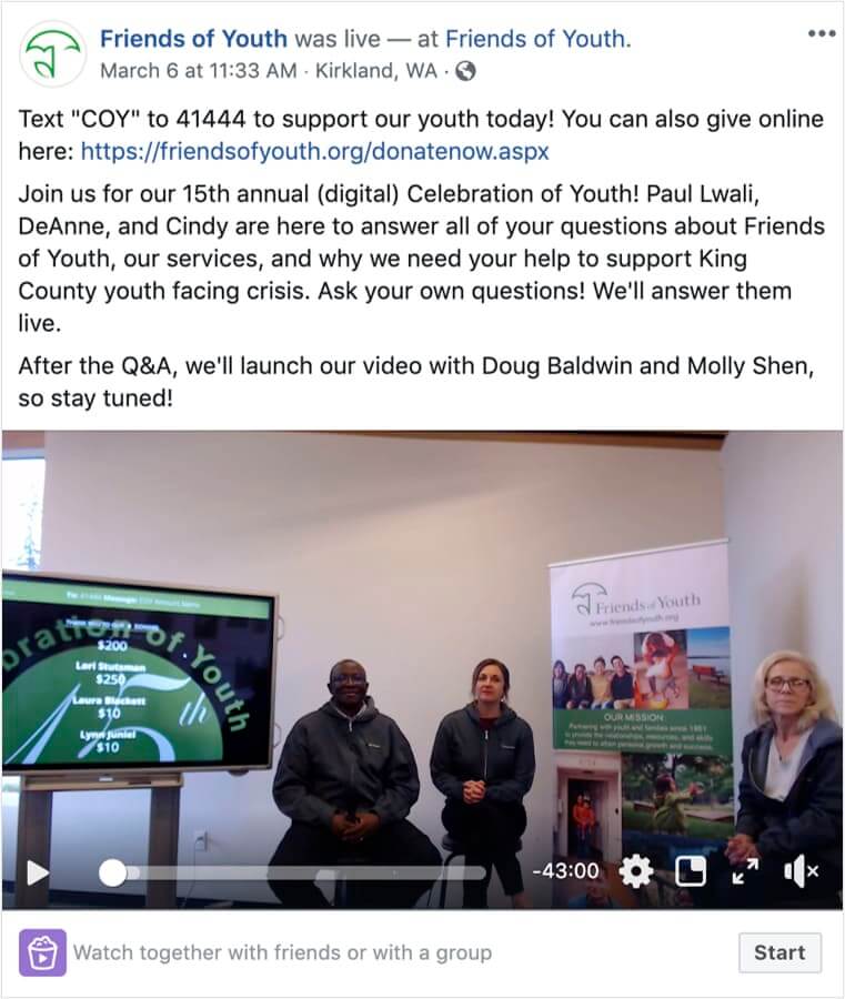 Friends of Youth post about text-to-donate steps