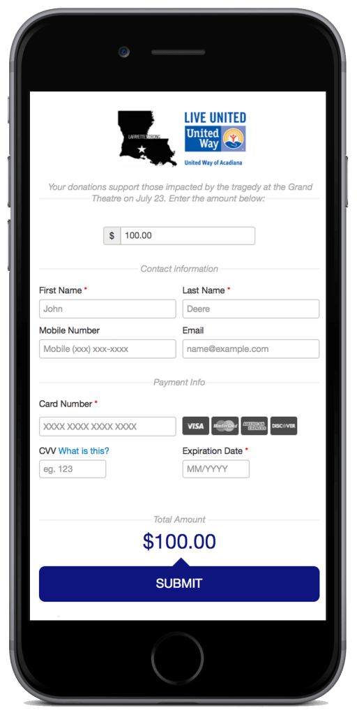 Checkout screen for United Way of Acadiana Lousiana fundraiser