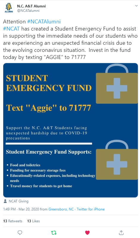 North Carolina Agricultural and Technical State University's emergency gund to help students travel back home during COVID-19 outbreak