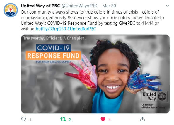 COVID-19 Response Fund tweet from United Way of Palm Beach County