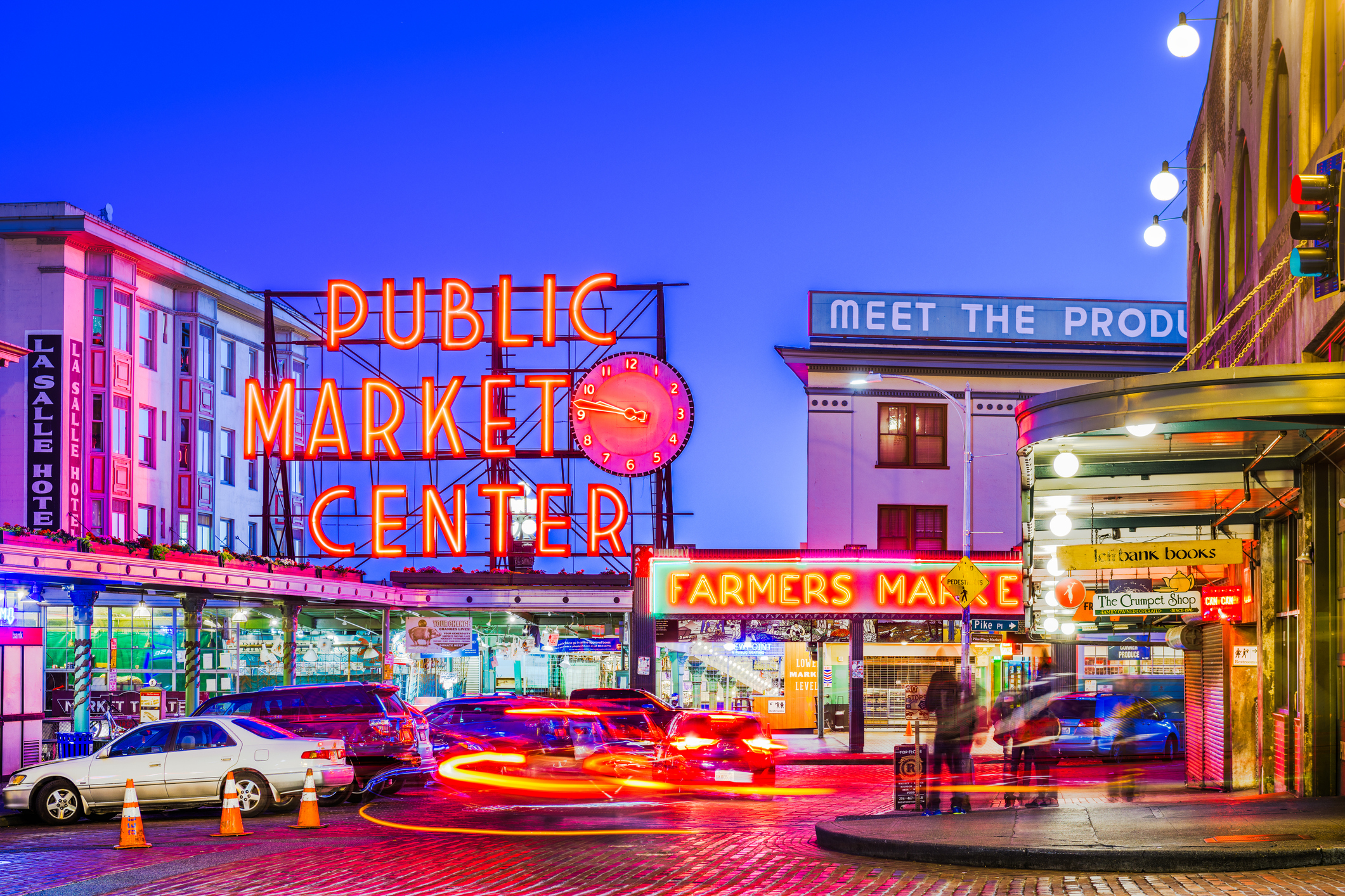 Seattle, Washington, USA. Pike Place Market at night. The popular tourist destination opened in 1907 and is one of the oldest continuously operated public markets in the United states.