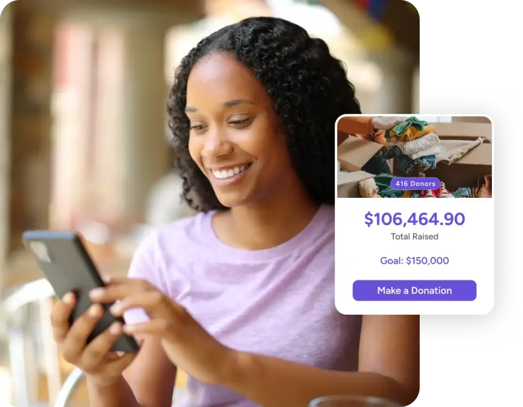 woman checking fundraising totals on a mobile device