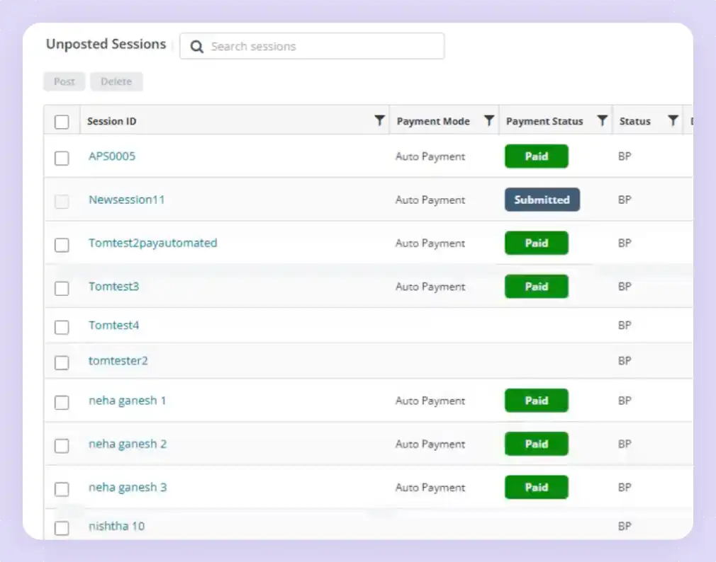 unposted sessions list